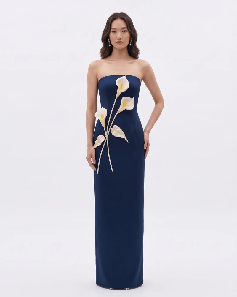 Robe bustier à appliqués floraux - Bleu marine