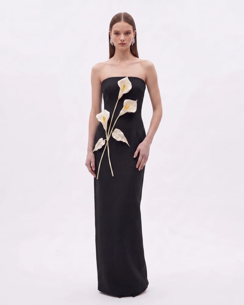 Robe bustier à appliqués floraux - Noir