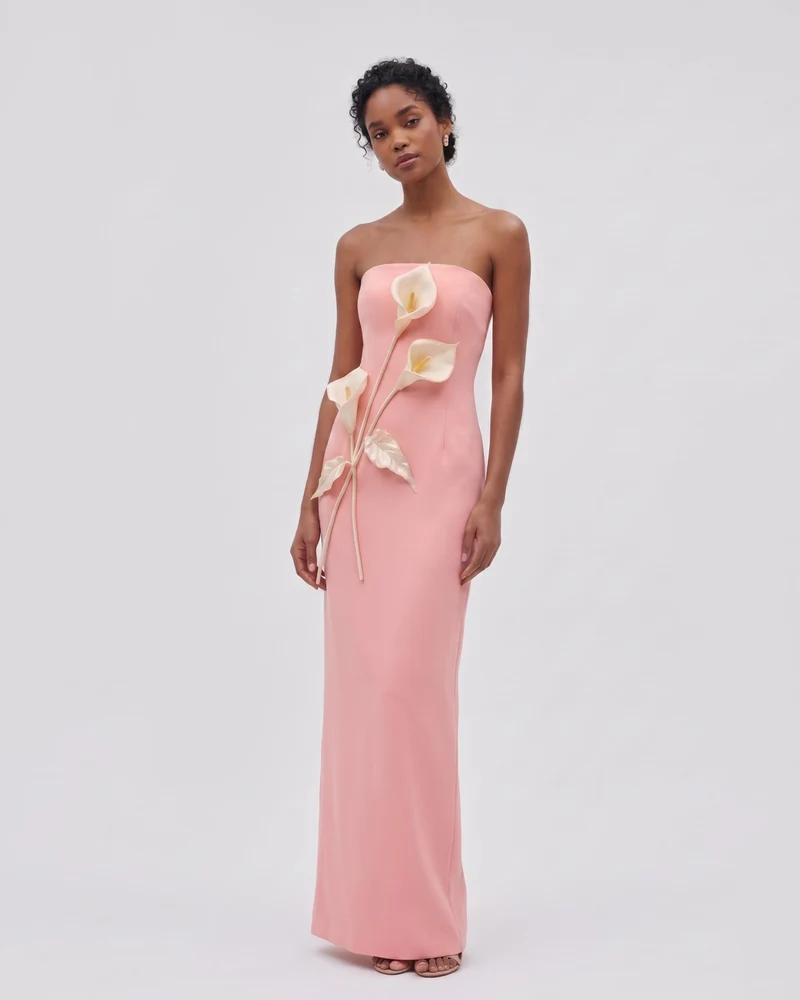 Robe bustier à appliqués floraux - Rose corail