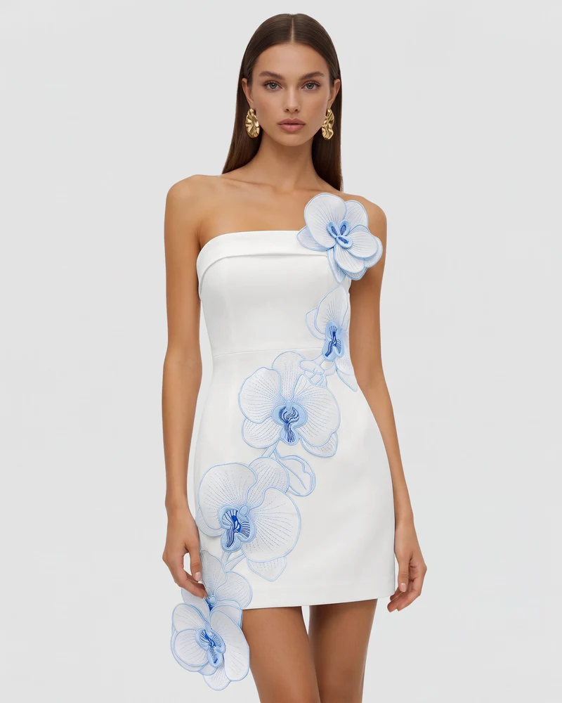 Orchid Mini Robe Bandeau Appliqués Floraux Broderie - Blanc Bleu