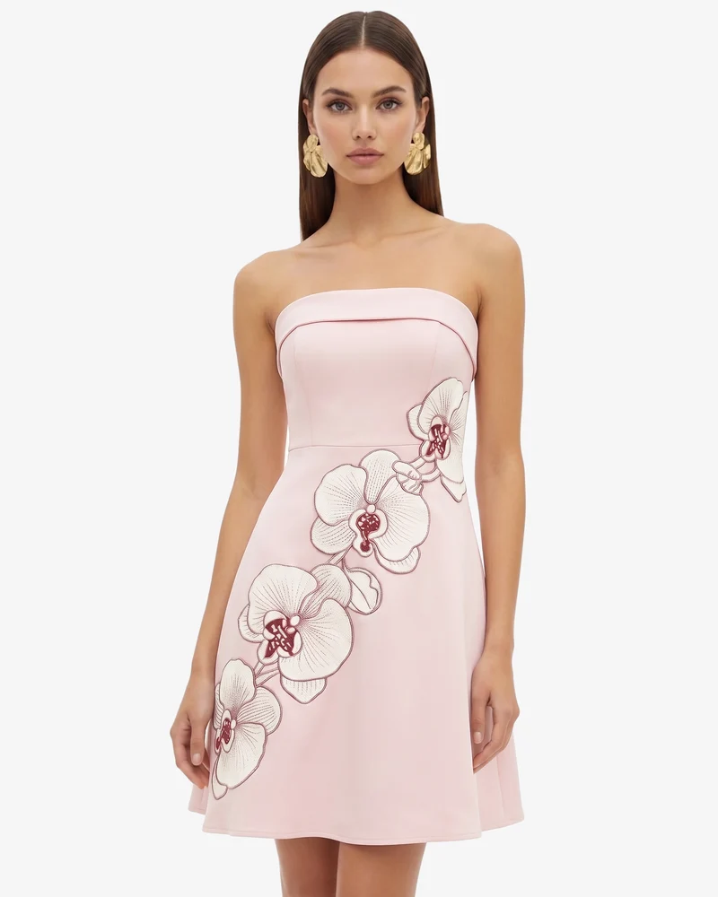 Orchid Robe Midi Patineuse Bandeau Broderie - Rose Blush