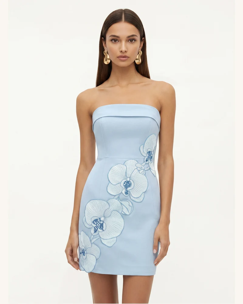 Orchid Robe Midi Droite Bandeau Broderie - Bleu Clair