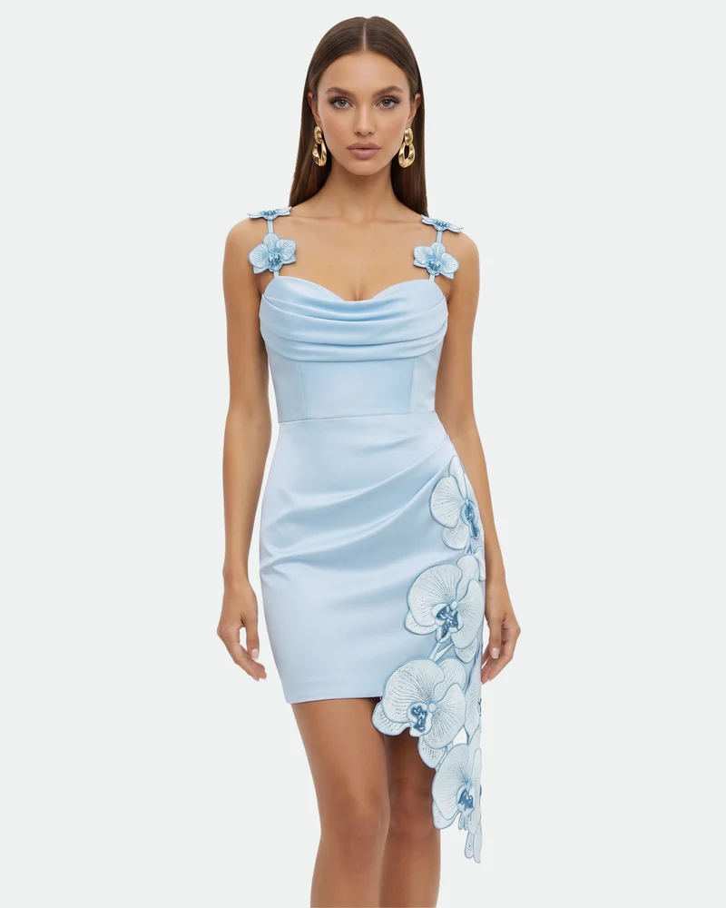 Orchid Mini Robe Drapée Broderie - Bleu Clair