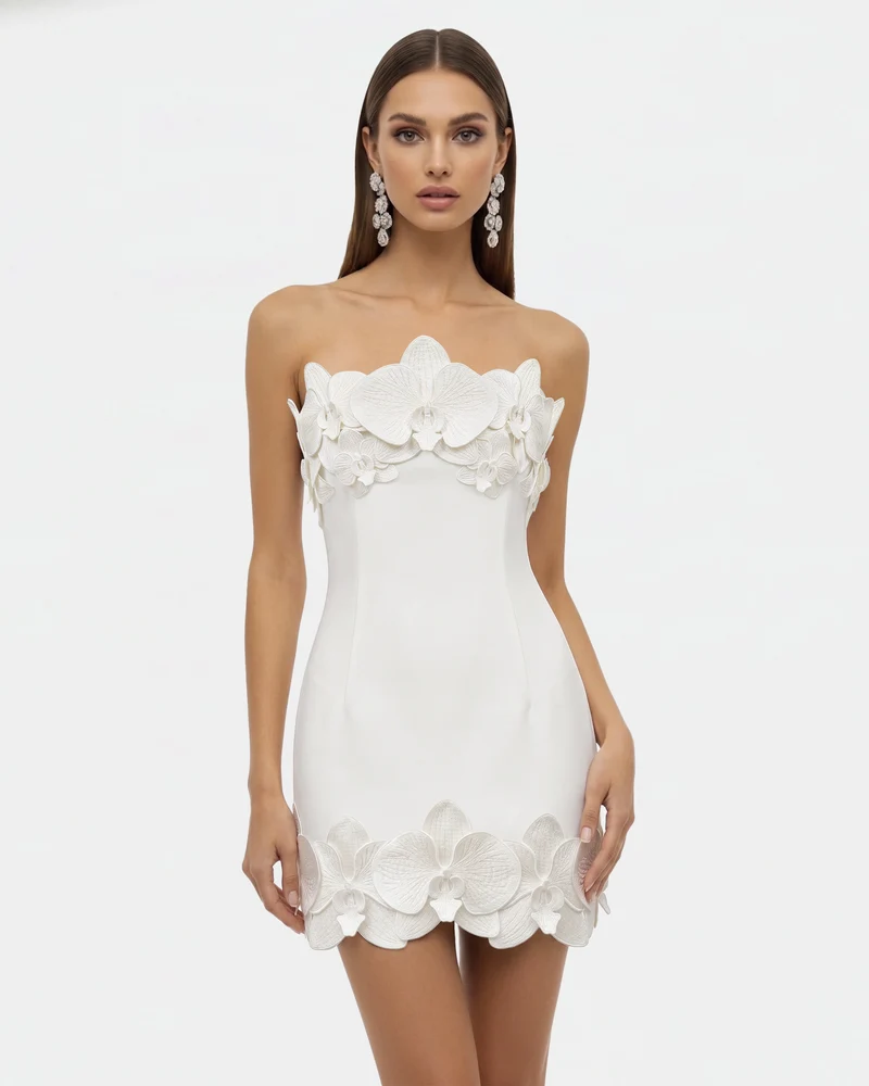 Orchid Mini Robe Bandeau avec Garniture - Blanc