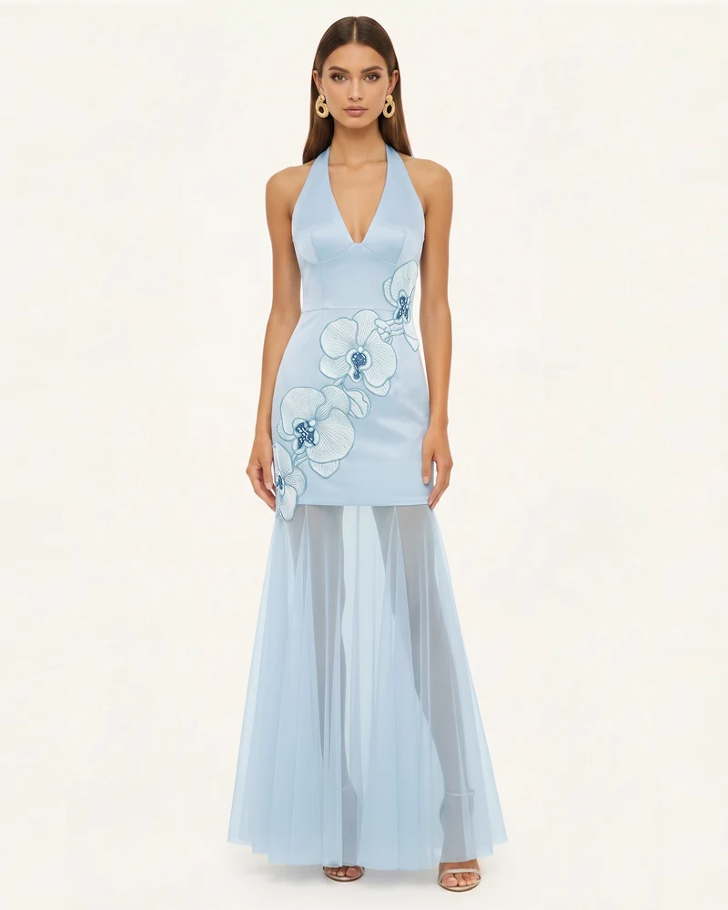 Orchid Robe Longue Plissée Broderie Bords Effilochés Dos Nu - Bleu Clair