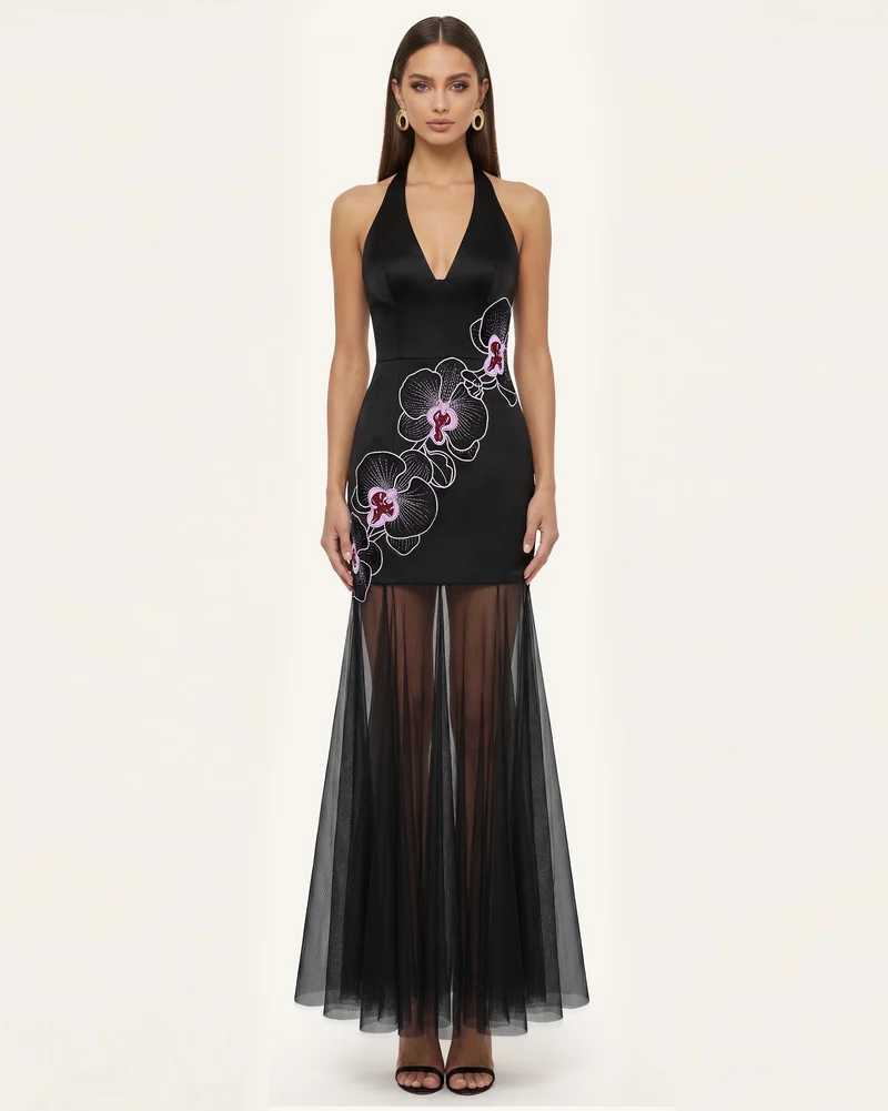 Orchid Robe Longue Plissée Broderie Bords Effilochés Dos Nu - Noir Violet