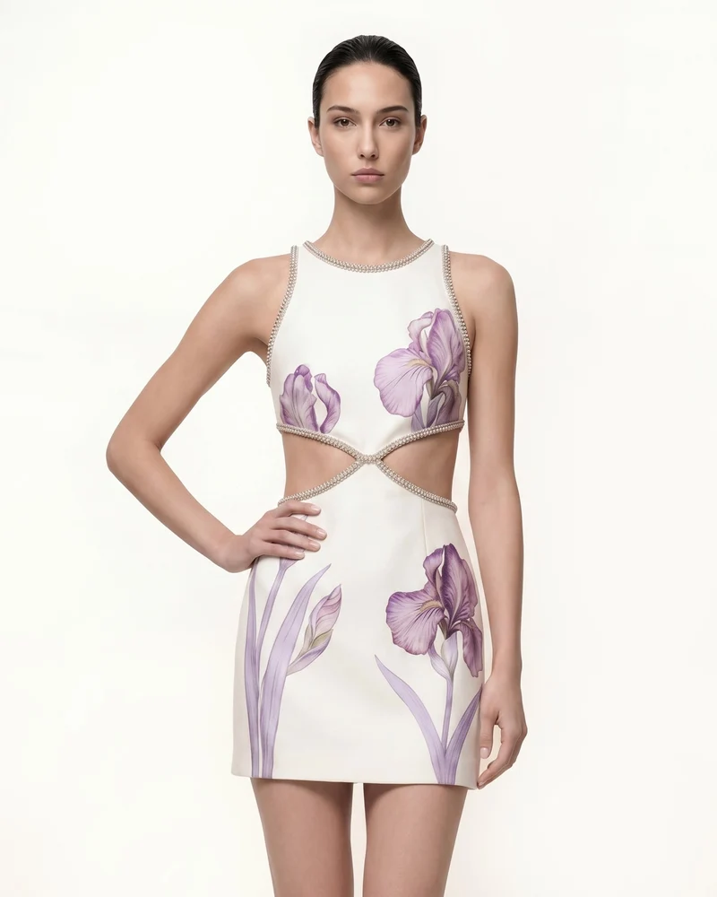 Mini-robe Floral avec bordure perlée - Blanc