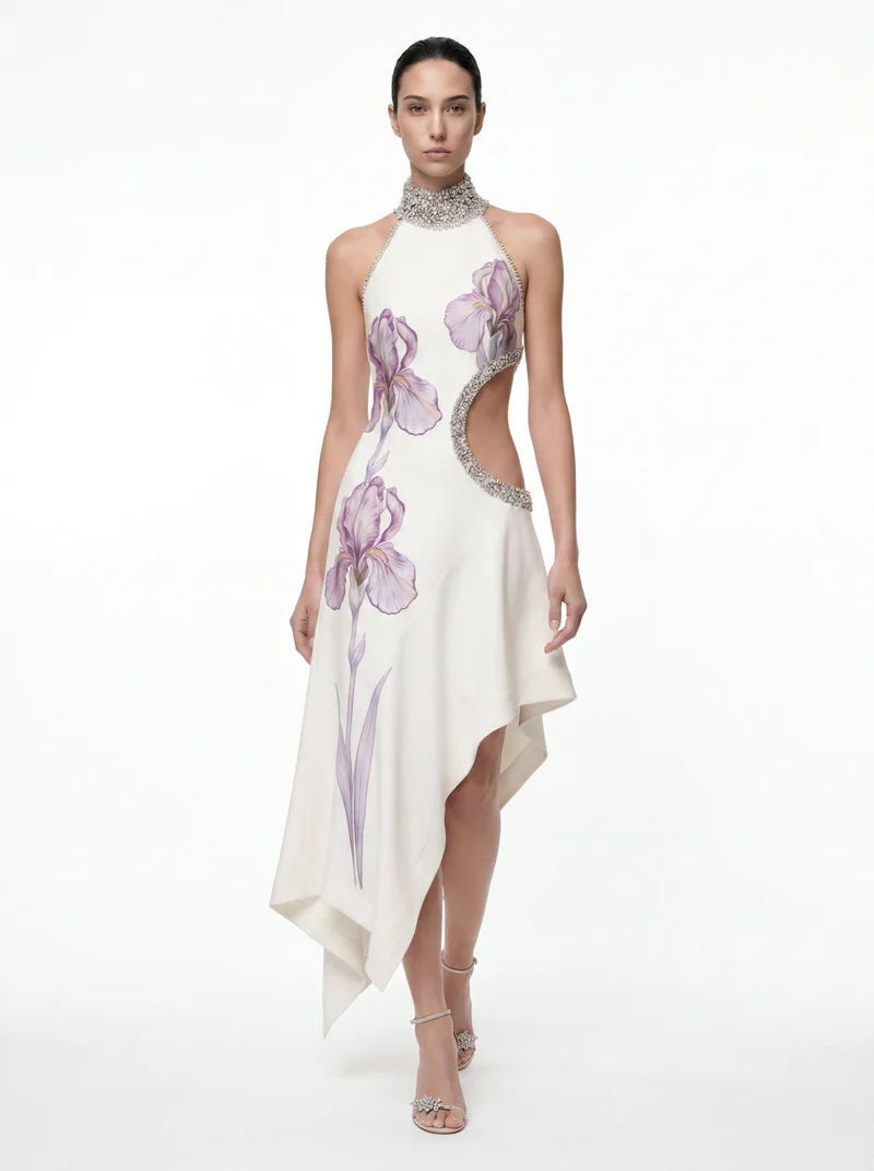 Robe à col montant ajourée avec ornements bijoux Floral - Blanc