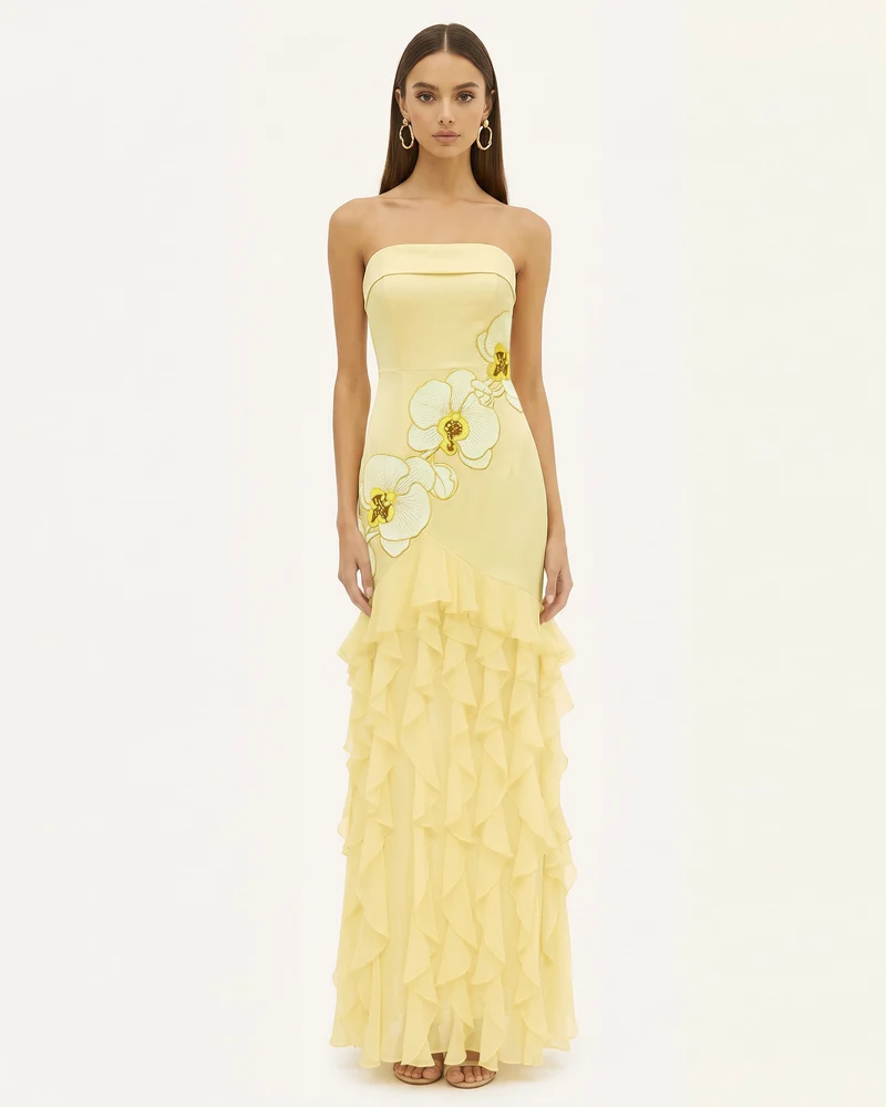 Robe longue bustier à volants brodée d'orchidées - Jaune pâle