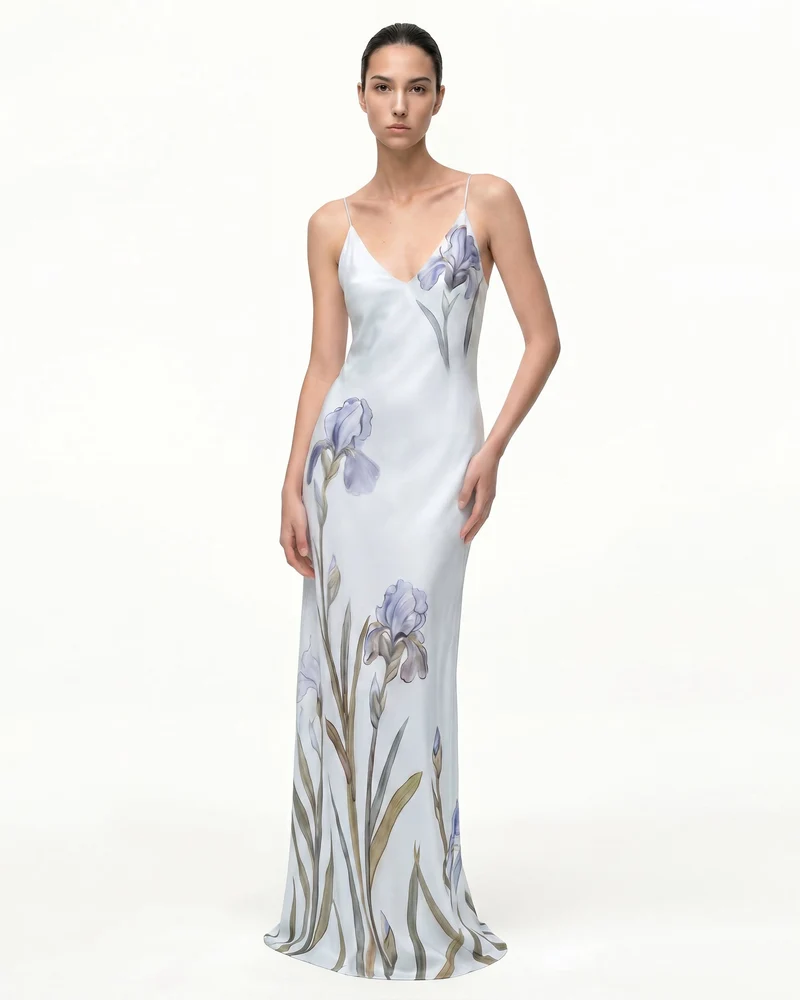 Iris Robe nuisette en satin à motifs - Bleu clair