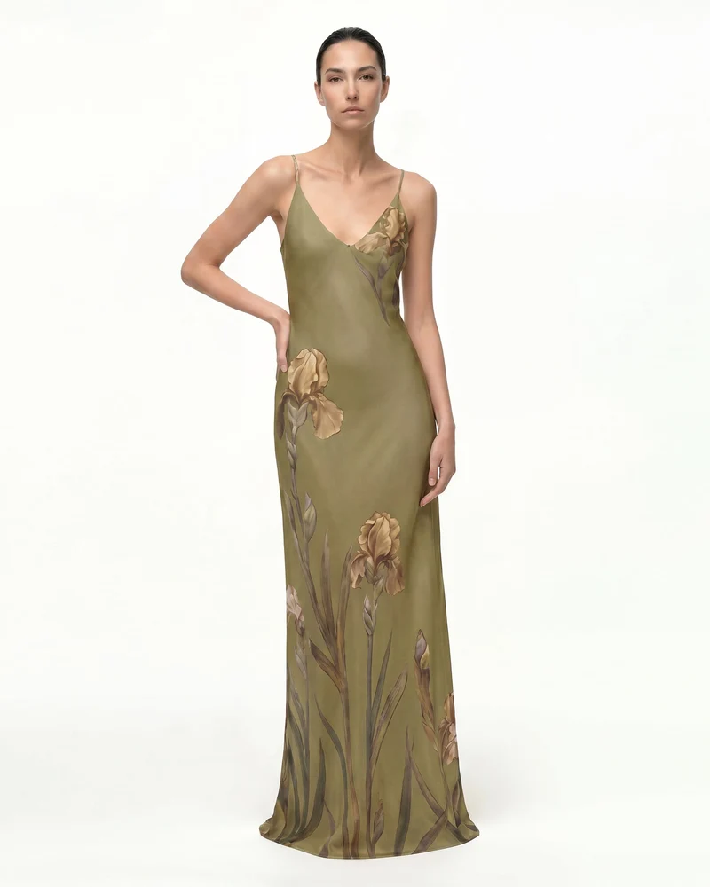 Iris Robe nuisette en satin à motifs - Vert olive