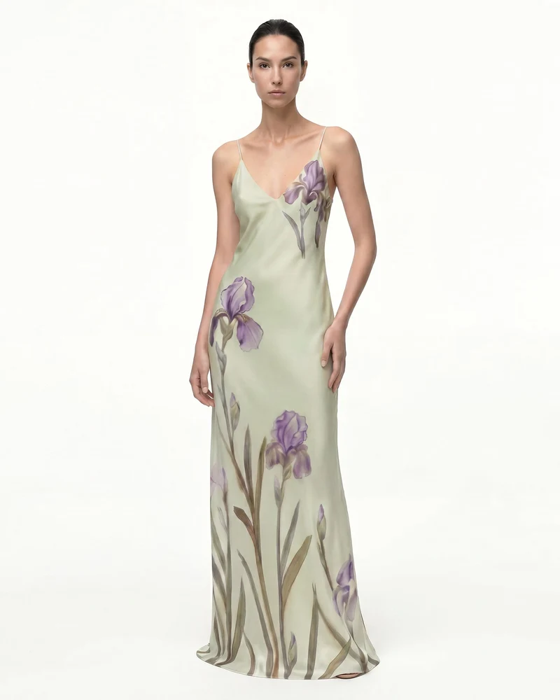 Iris Robe nuisette en satin à motifs - Vert clair/Violet