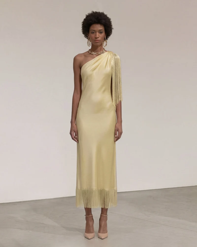 Robe midi asymétrique à franges - Champagne