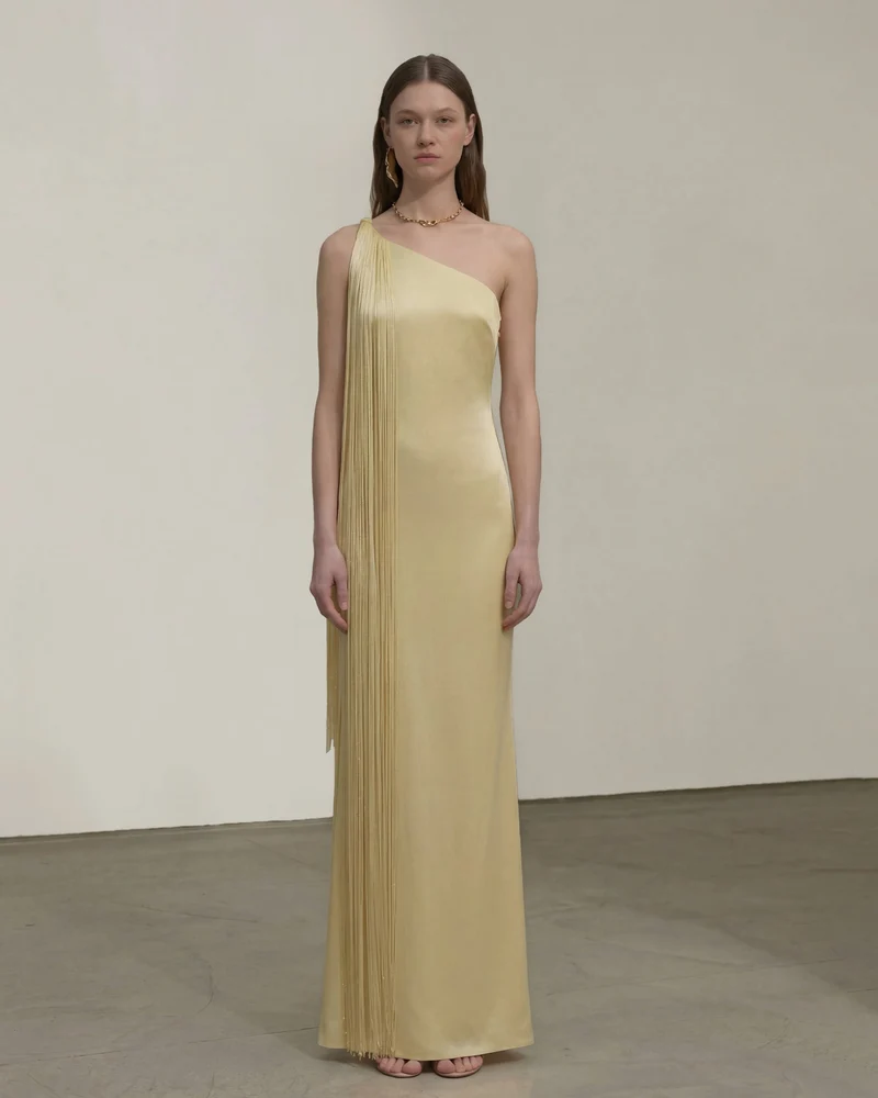 Robe longue asymétrique à franges - Champagne
