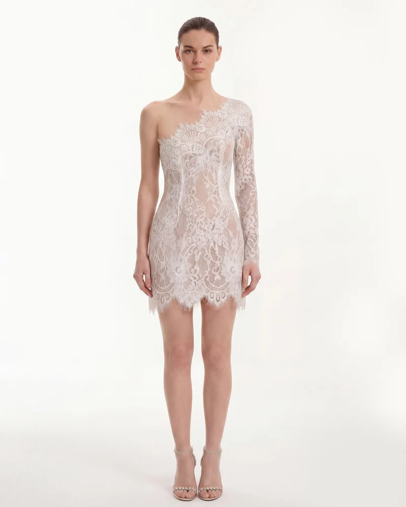 Mini-robe en dentelle à une épaule - Blanc