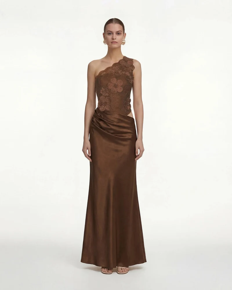 Robe en satin fleurie à une épaule - Marron
