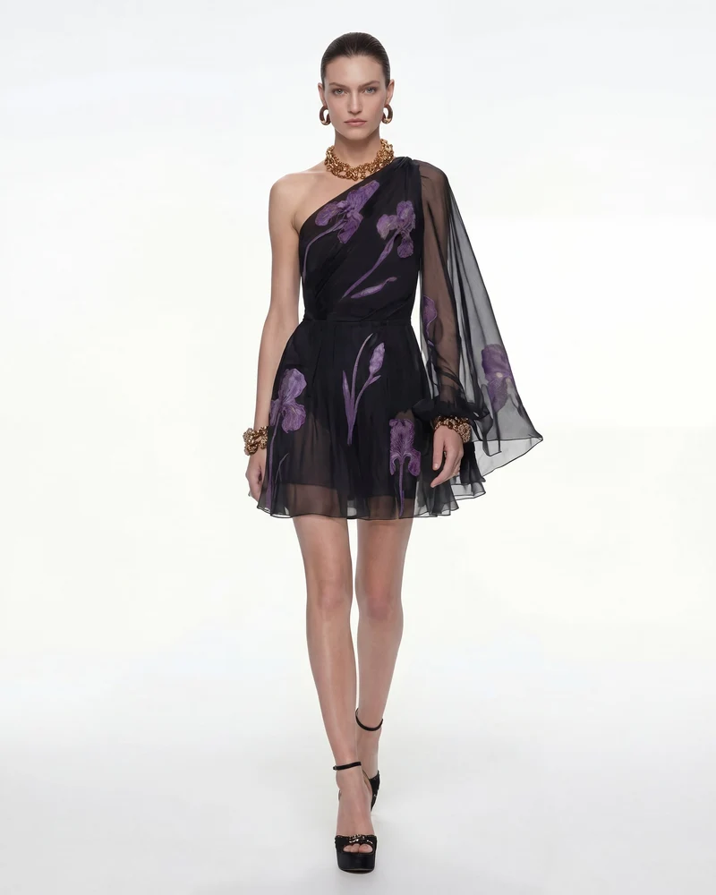 Robe fleurie en mesh à une épaule - Noir
