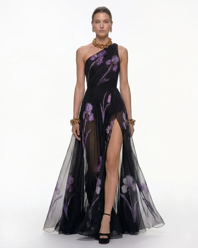 Robe maxi fleurie à une épaule - Noir