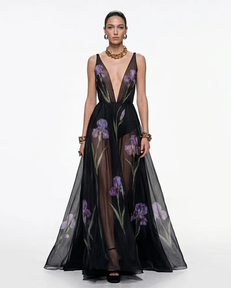 Robe maxi en voile à imprimé floral - Noir