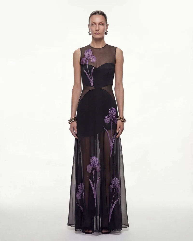 Robe maxi à empiècements en voile à imprimé floral - Noir