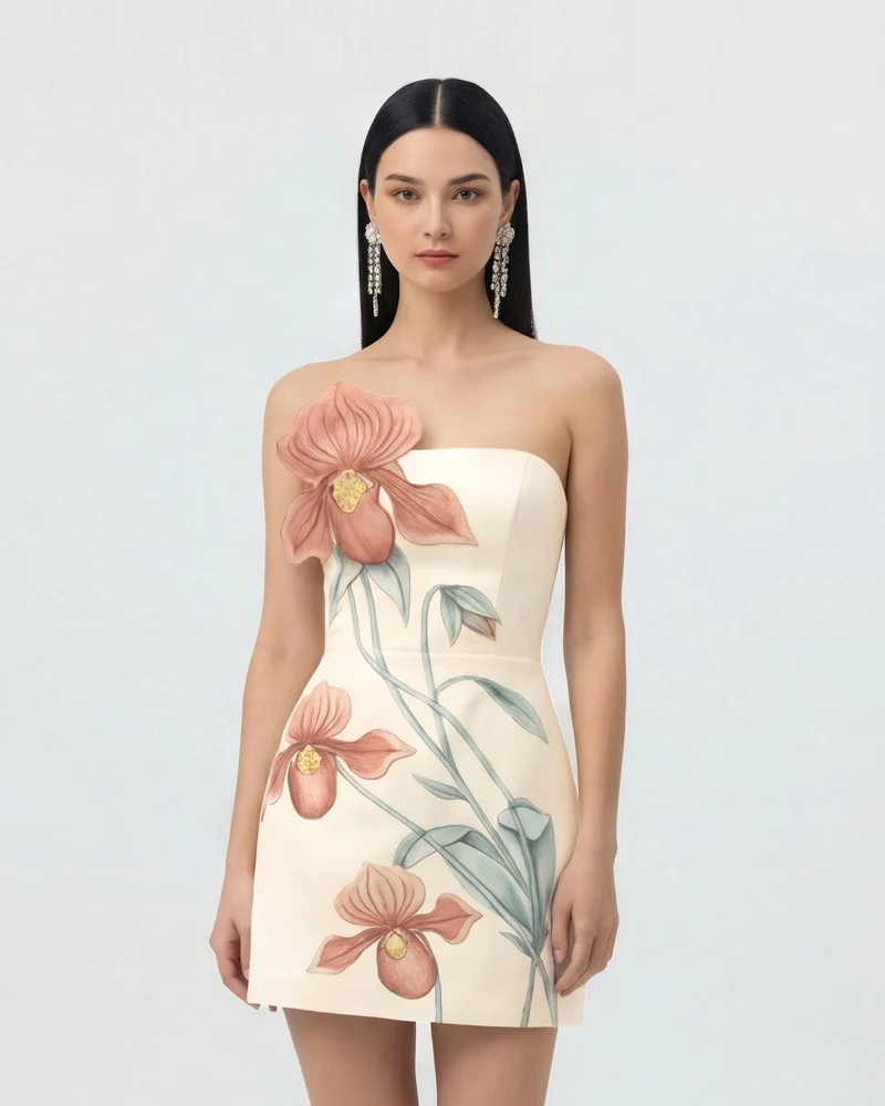 Mini-robe à appliqué d'orchidée Sabot de Vénus - Ivoire/Rose pêche