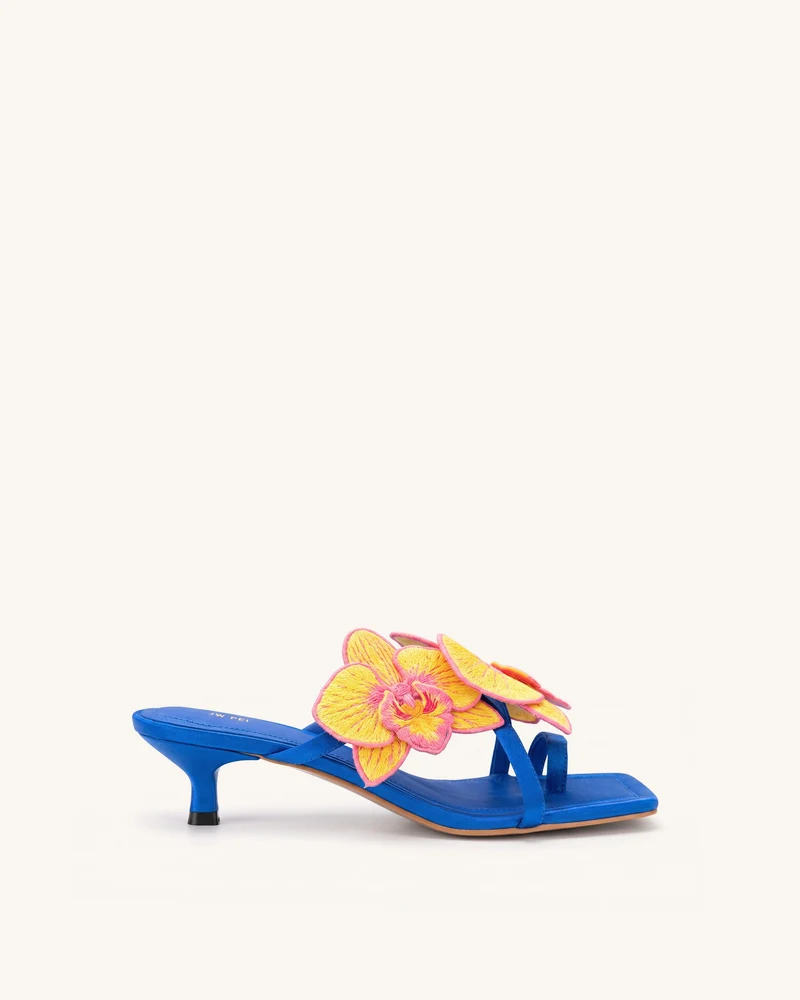 Serena Sandales à talons avec bague d'orteil et broderie d'orchidée - Bleu royal