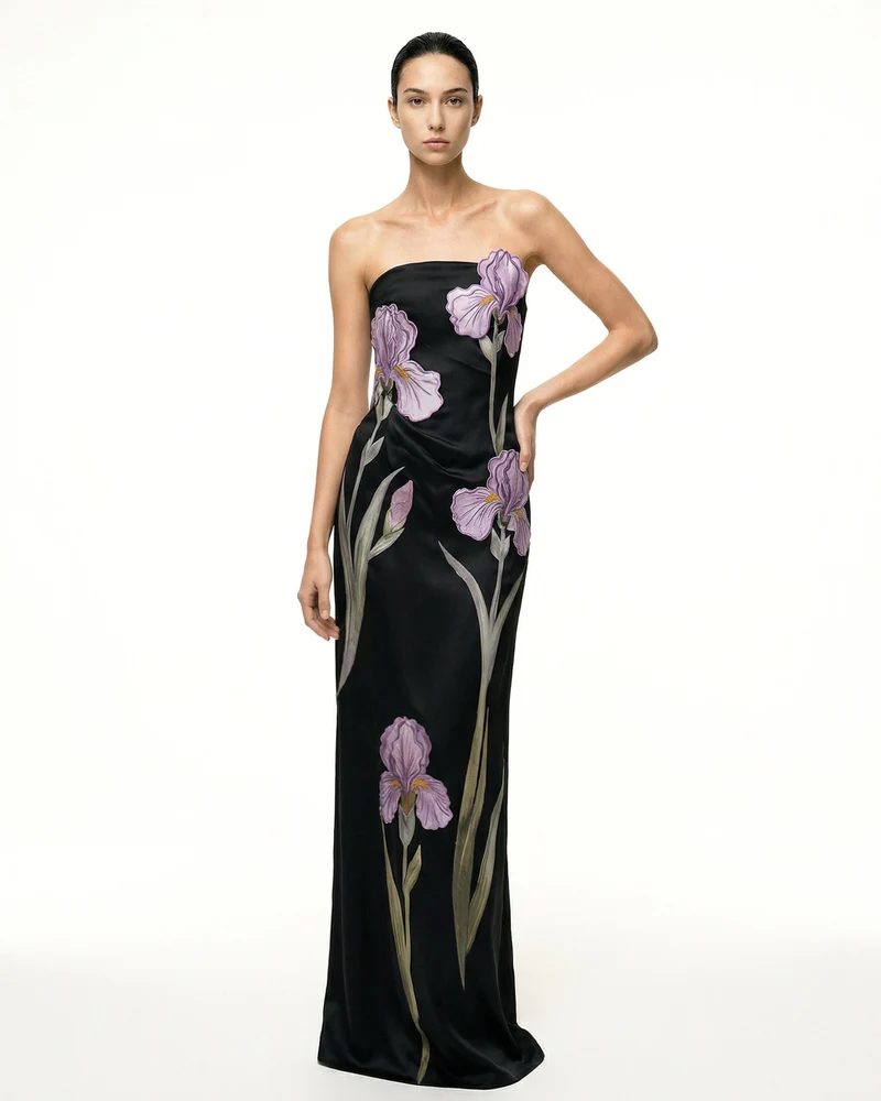 Iris Robe longue bustier à appliqués floraux - Noir