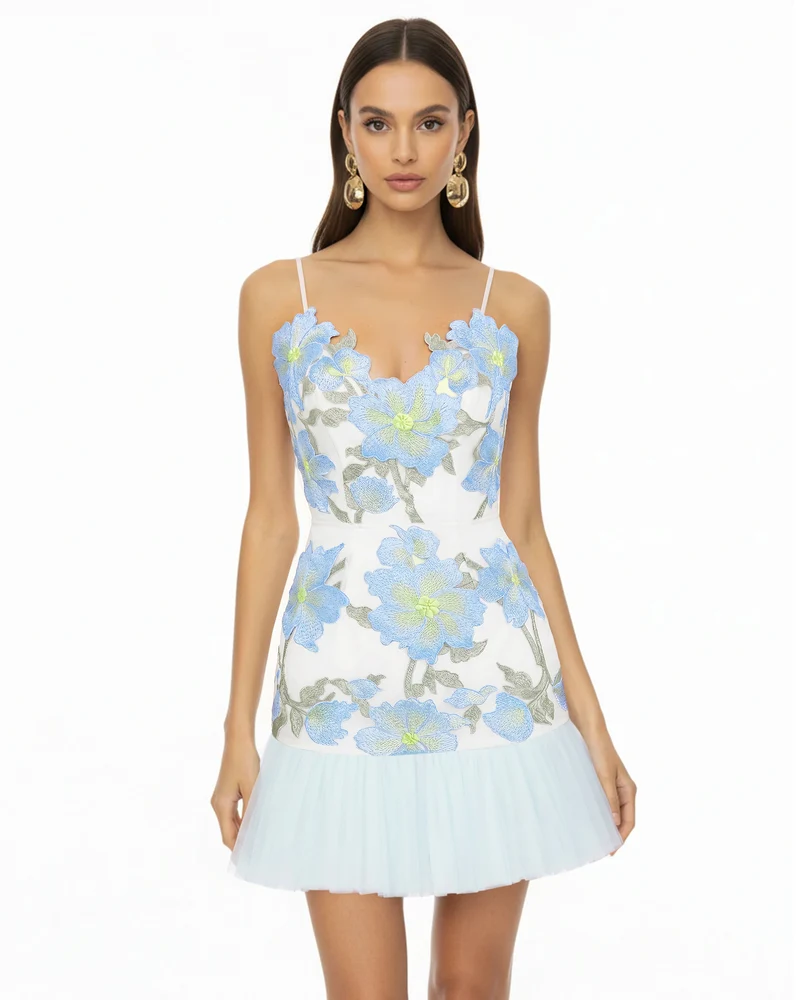 Mini robe à bretelles à fleurs - Bleu ciel