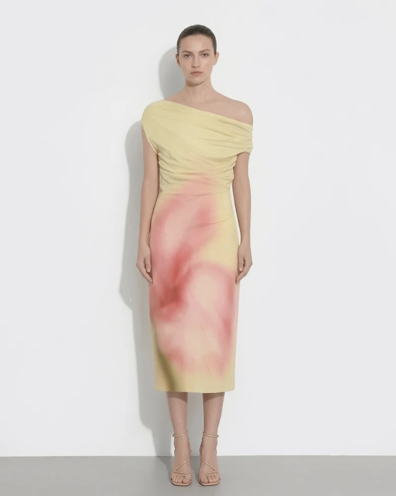 Robe midi asymétrique à une épaule à imprimé floral aquarelle - Jaune