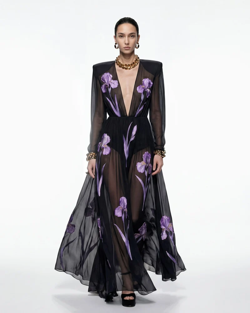 Robe longue transparente à manches longues et imprimé floral Iris - Noir/Violet