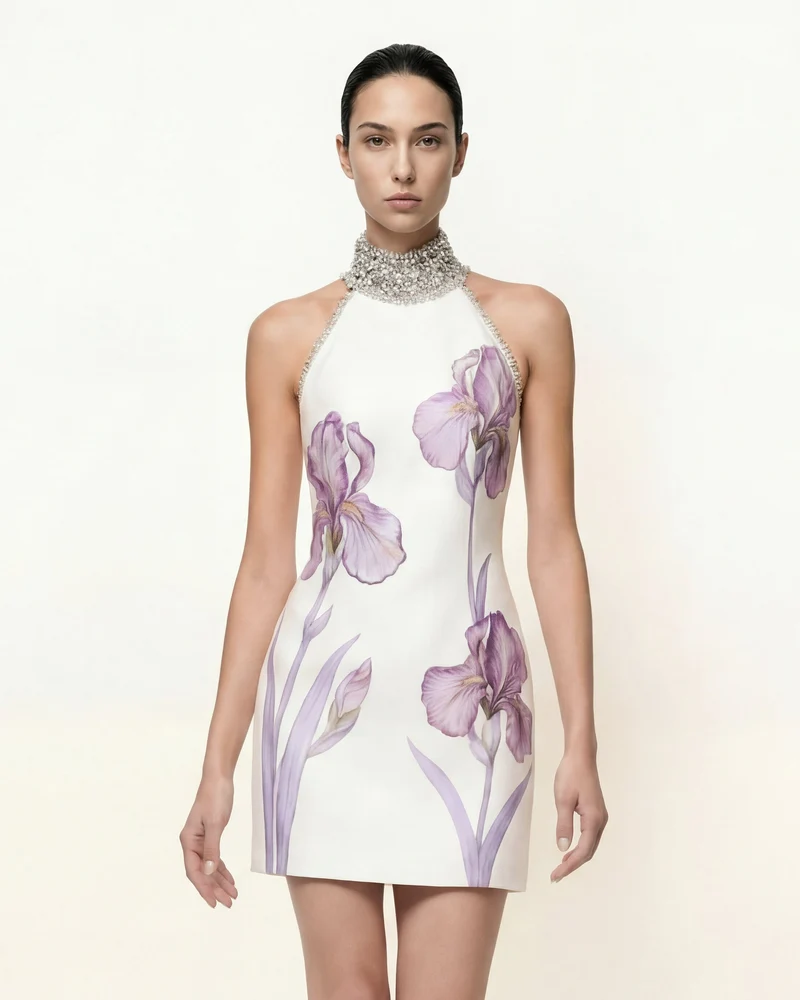 Robe dos nu à motif Iris ornée de bijoux - Blanc