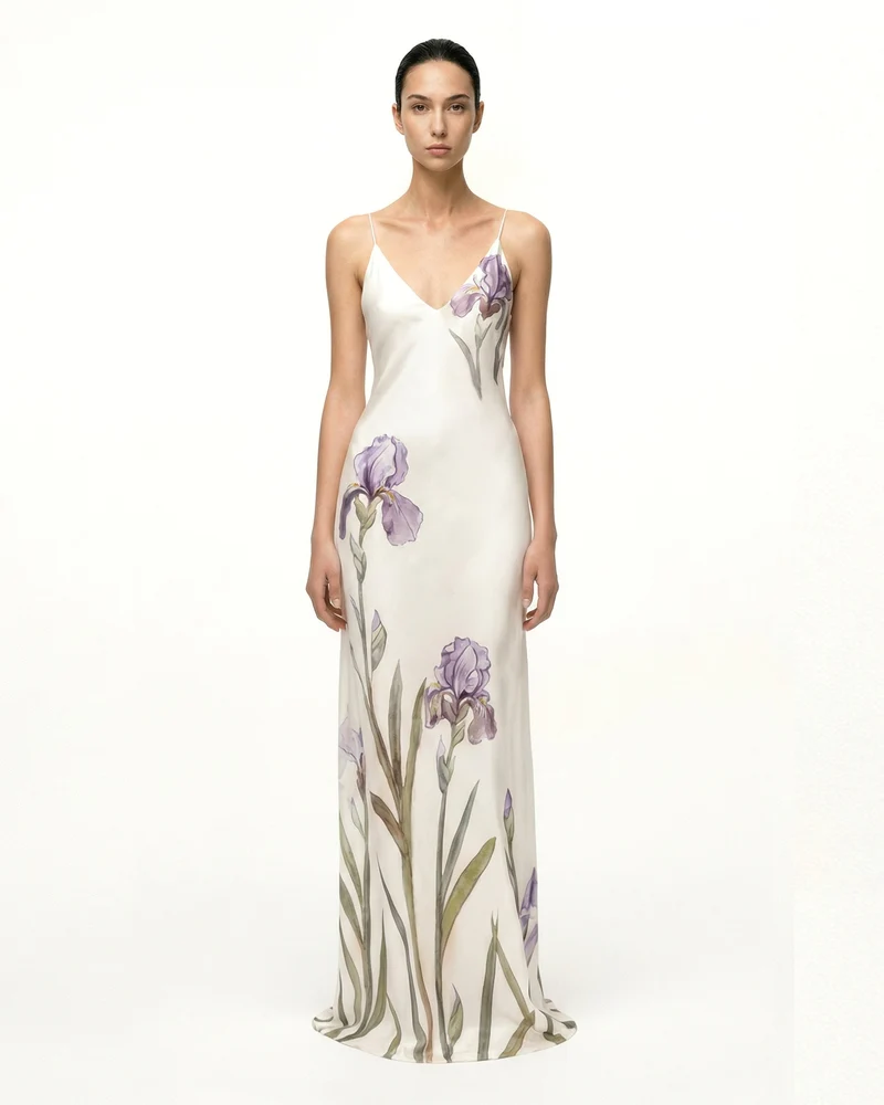 Robe-nuisette longue en satin à motif Iris - Blanc