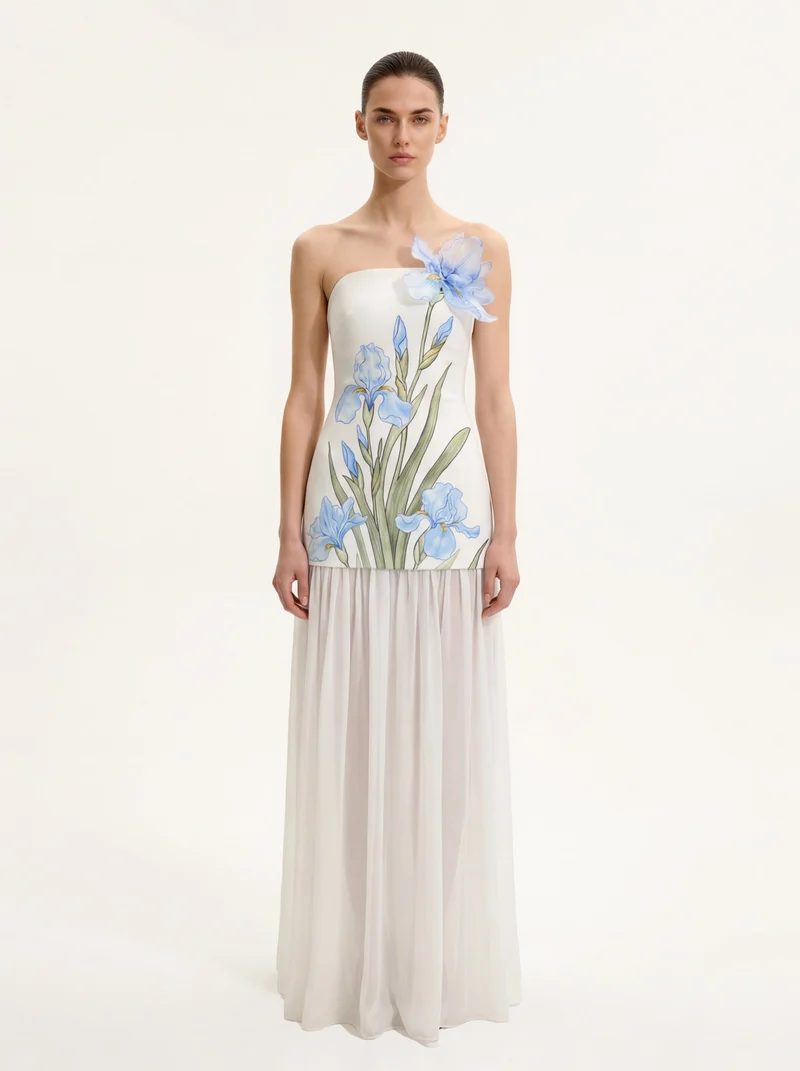 Robe longue bustier mixte à imprimé floral - ivoire