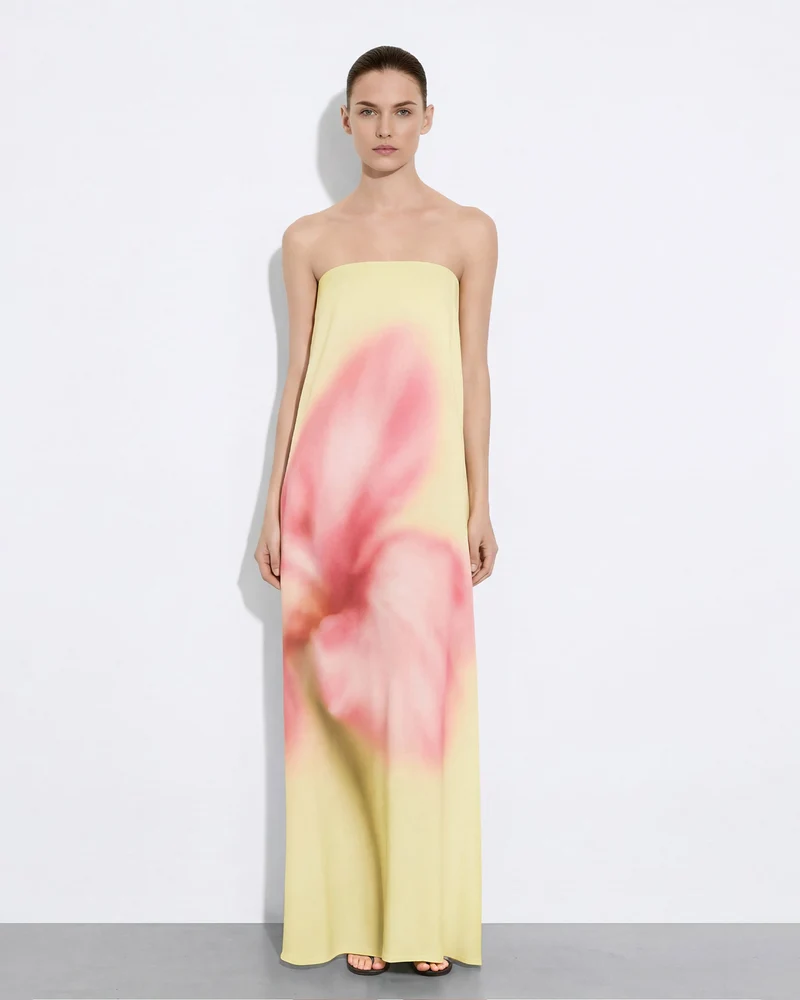 Robe longue bustier à imprimé floral aquarelle - Jaune