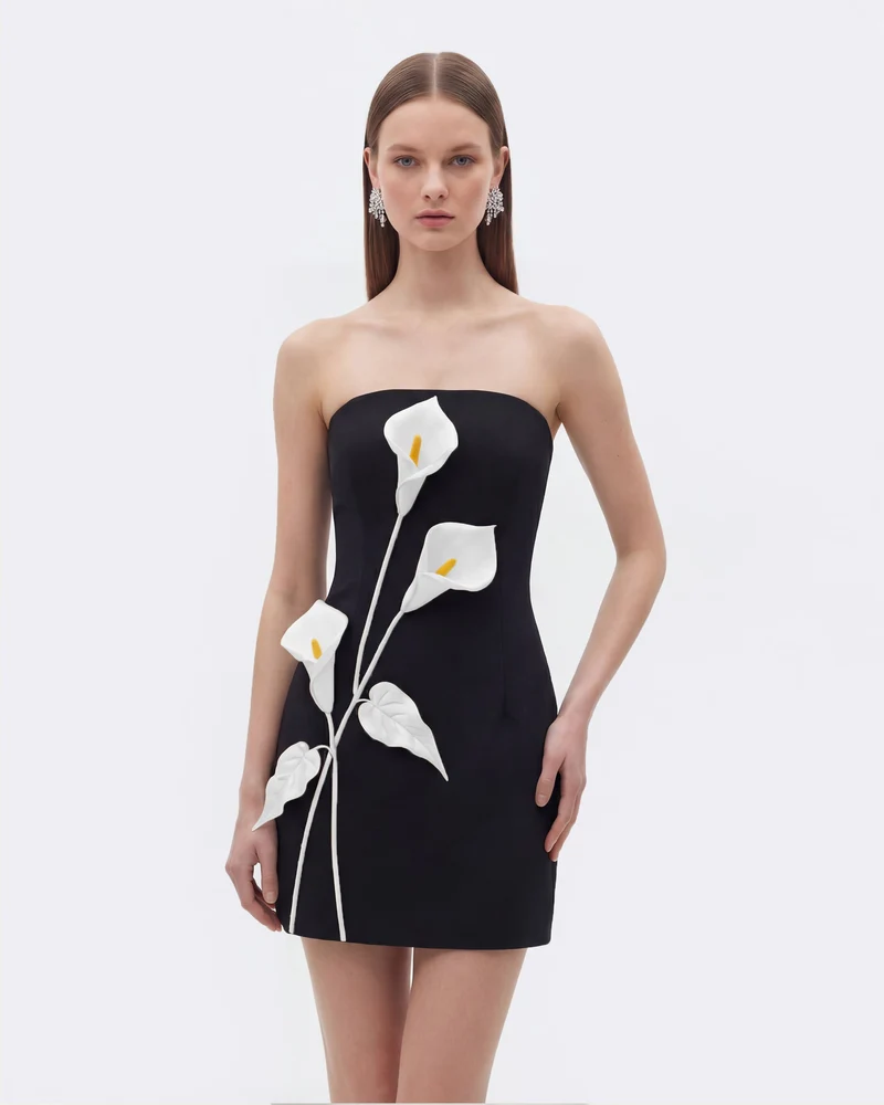 Robe bustier à appliqués floraux - Noir