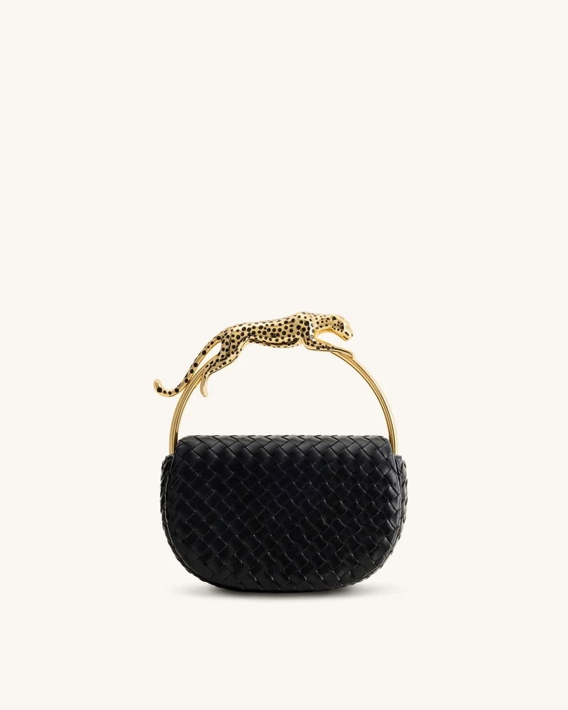 Ione Sac à poignée supérieure tissé avec anse en métal en forme de léopard - Noir