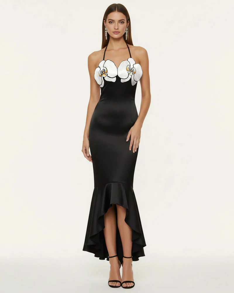 Robe midi asymétrique à broderies orchidées - Noir