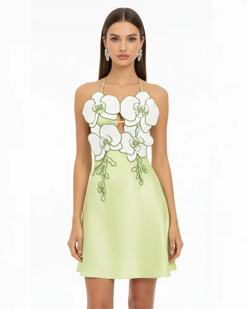 Mini-robe dos nu à broderies orchidées - Vert clair