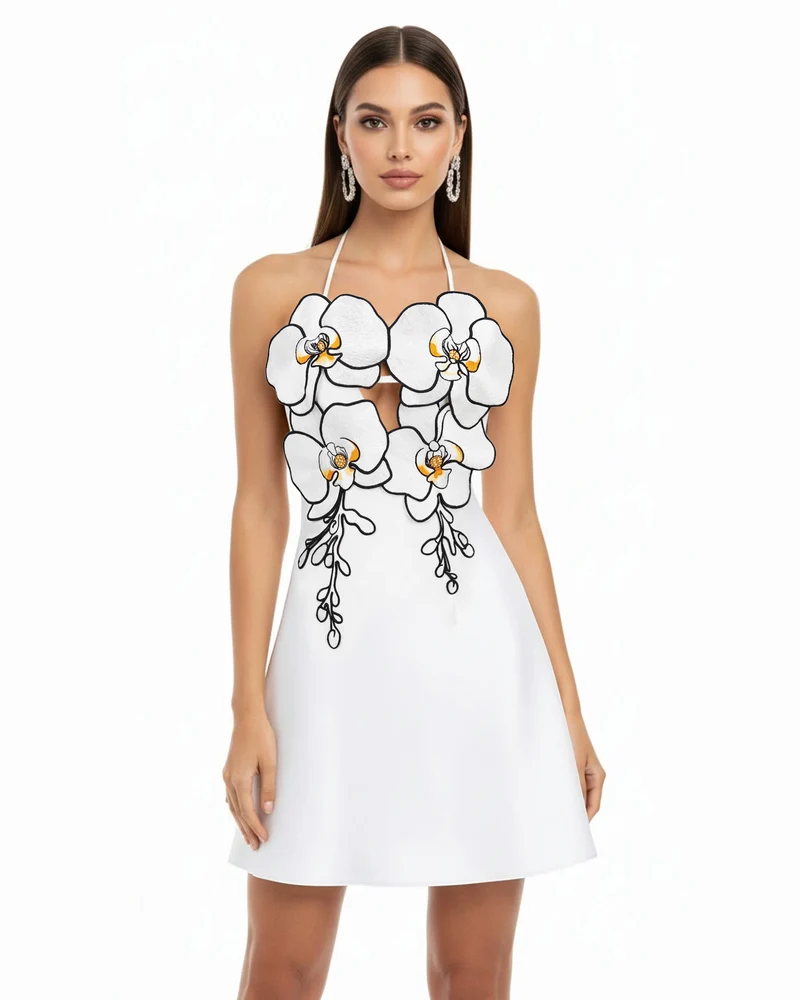 Mini-robe dos nu à broderies orchidées - Blanc