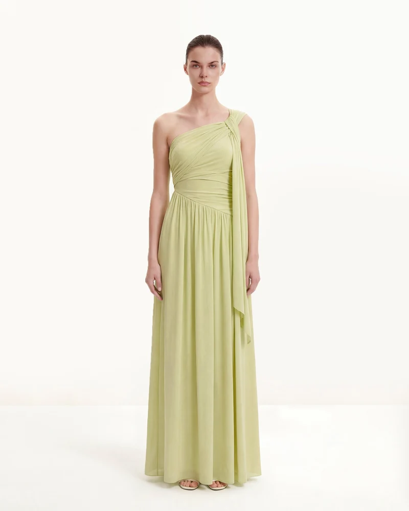 Robe longue asymétrique à une épaule drapée avec traîne - Vert