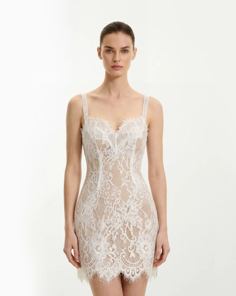 Robe moulante bustier en dentelle façon cils - Blanc