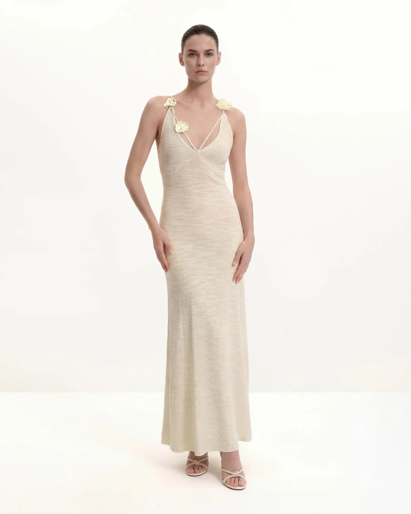 Robe longue en maille texturée à col licou - Crème