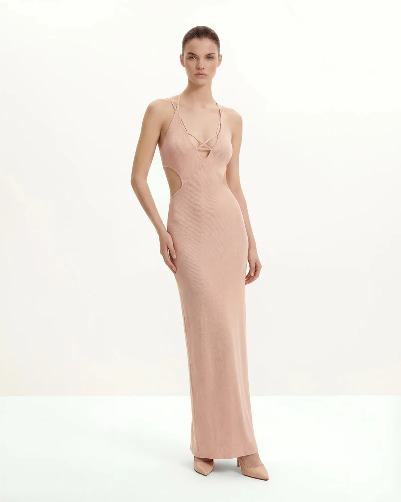 Robe longue en maille côtelée à découpes - Rose