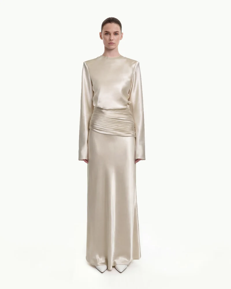 Jupe longue drapée effet satin - Crème