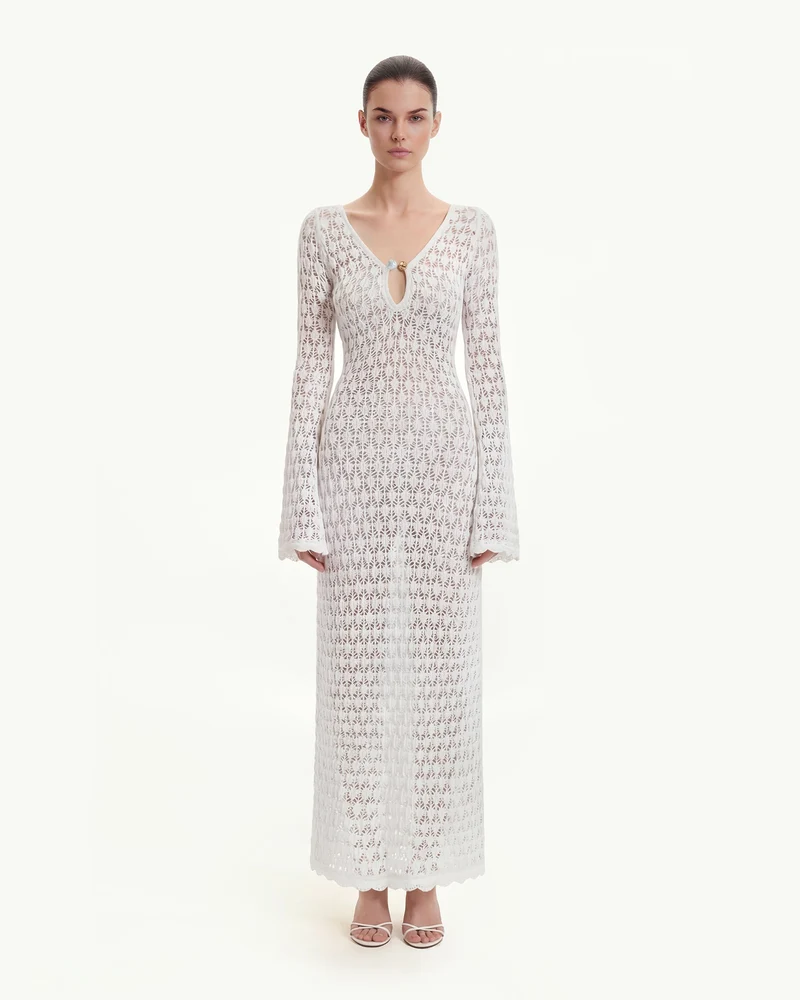 Robe longue en maille Pointelle à découpe goutte d'eau - Blanc