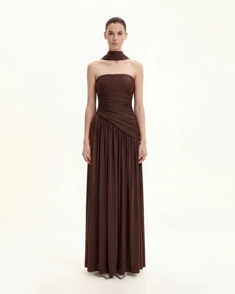 Robe longue bustier à empiècements froncés - Marron
