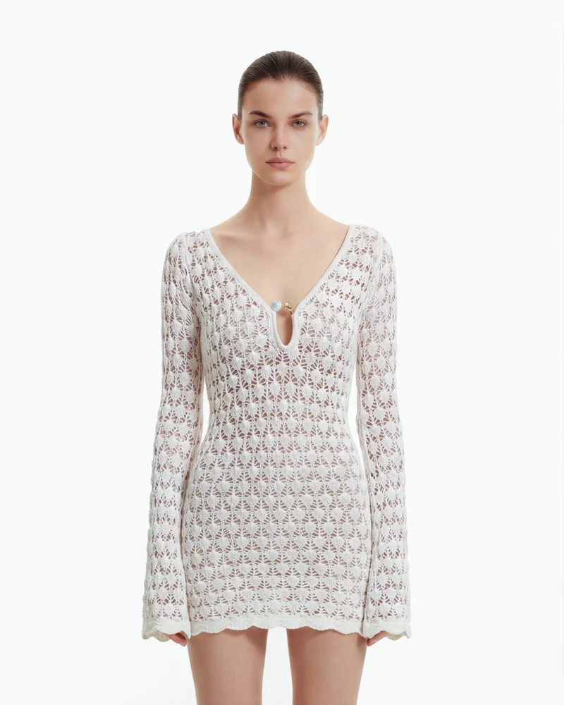 Mini-robe en maille Pointelle à découpe goutte d'eau - Blanc