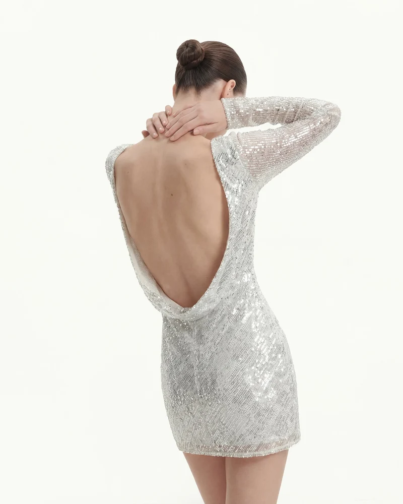Mini-robe à manches longues avec paillettes diagonales et dos nu - Blanc