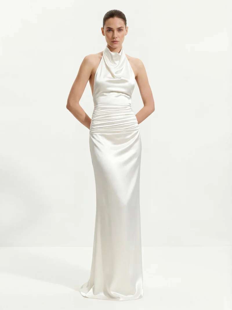 Satin Robe longue de soirée froncée à col bénitier - Blanc