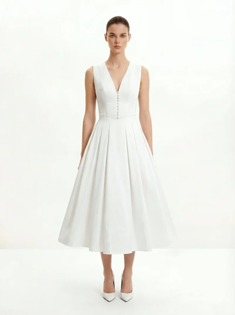 Robe midi plissée à décolleté en V devant - Blanc